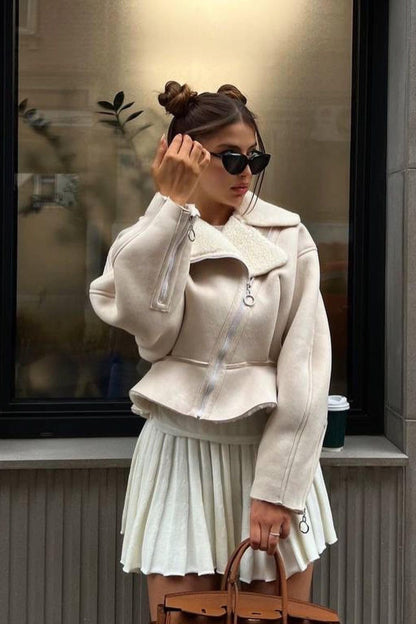 Odd Zip Leather Fur Pieced Coat