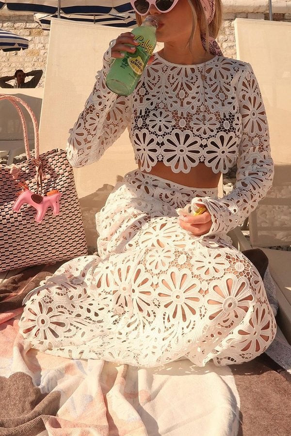 Balmy Summers Crochet Lace Pattern Elastic Waist Fishtail Vacation Maxi Skirt