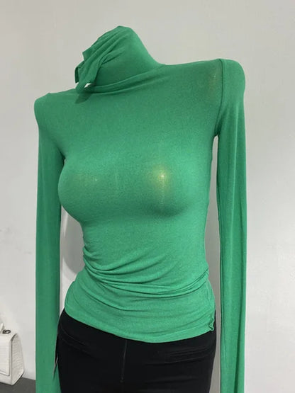 Thin Soft American Long Sleeve T-shirt High Stacked Neck Tight Perspective Bottom Shirt ’s Slim Fit Tops