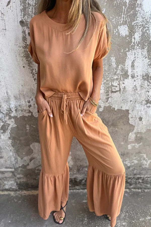 Color Crew Neck Short-sleeved Top and Elastic Waist Tie Pocket Wide Leg Pants Set