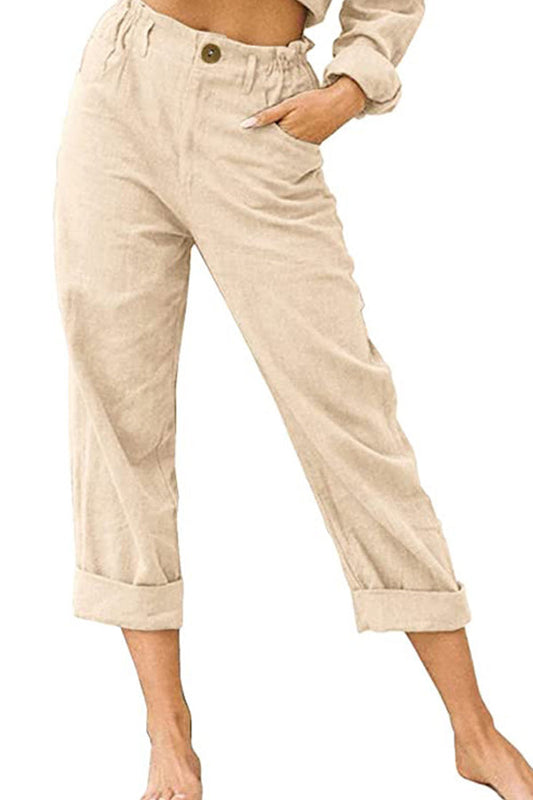 Color Cotton and Linen Fashionable Loose High Waist Pants