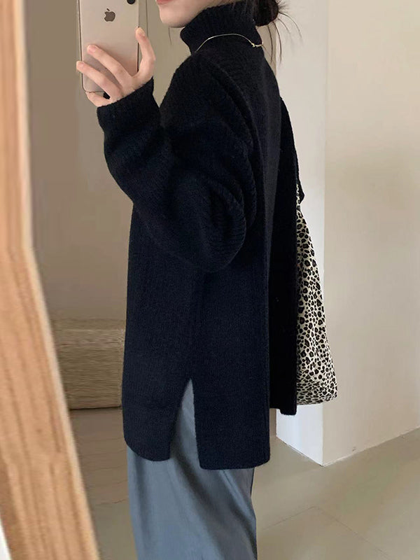 Simple Blue High Neck Split-side Long Sleeve Sweater Qx013