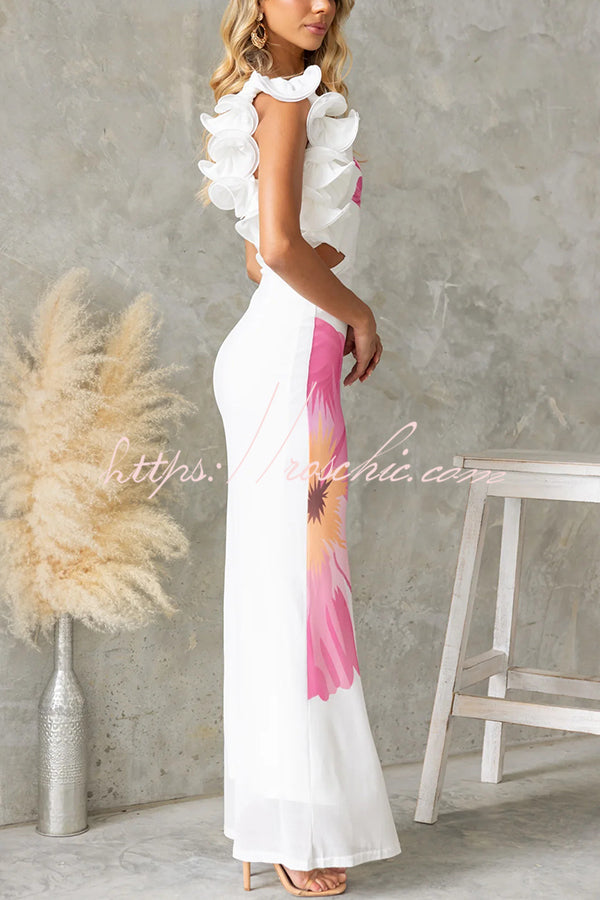 Print One-shoulder Fitted Mesh Maxi Dress