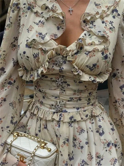 Ruffled V-neck Printed Mini Dress Female Bandage Autumn Lace-up Contrast Drawstring Dress for Party Dress
