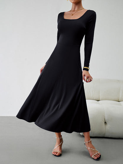 A-line High Waisted Color Tied Waist U-neck Midi Dresses