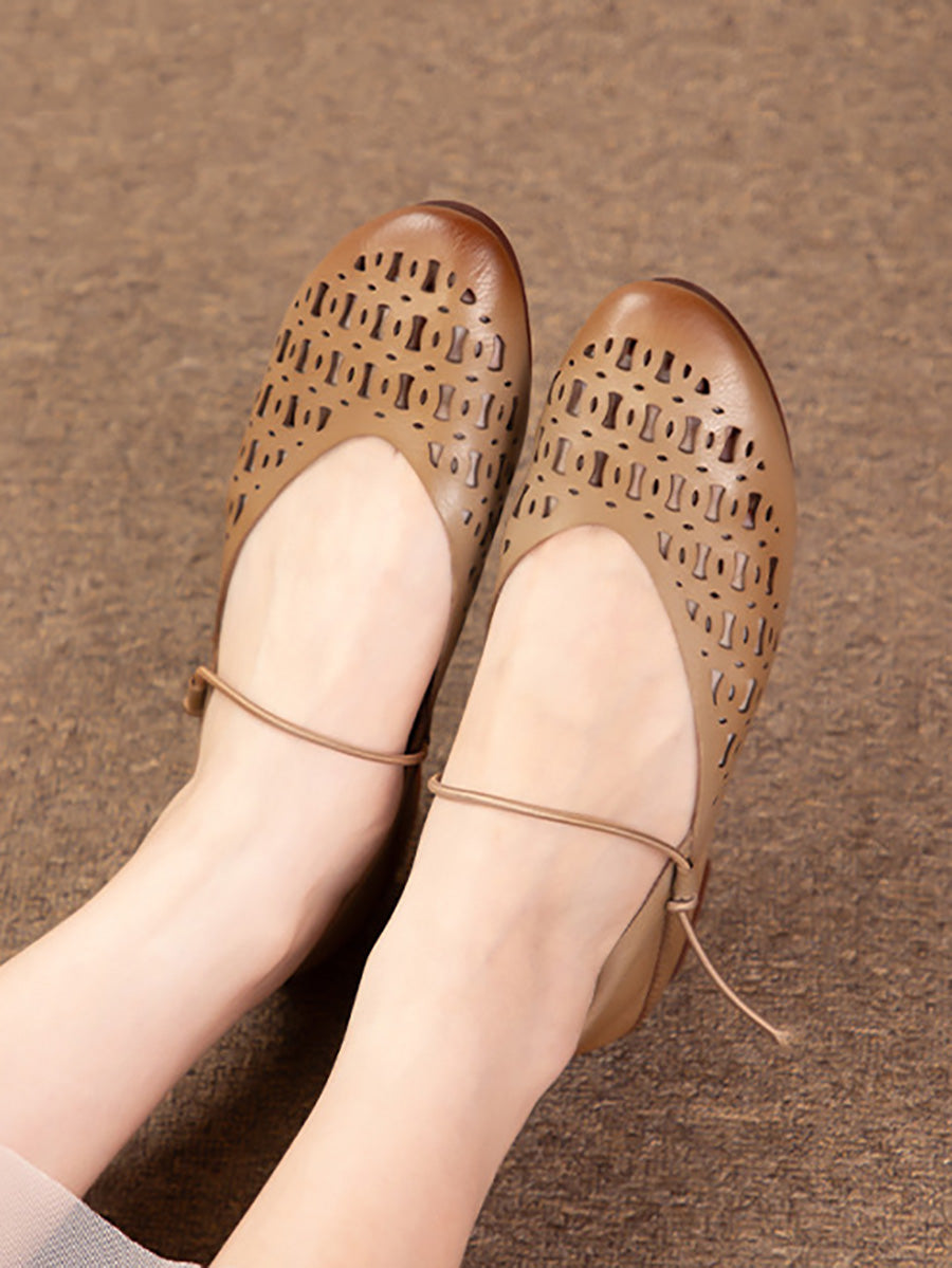 Artsy Summer Genuine Leather Cutout Flat Shoes Ll052