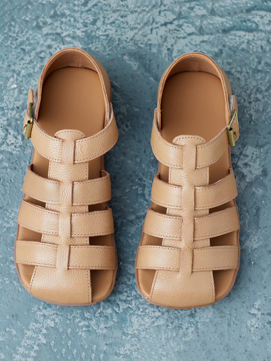 Summer Leather Spliced Flat Shoes Fd036