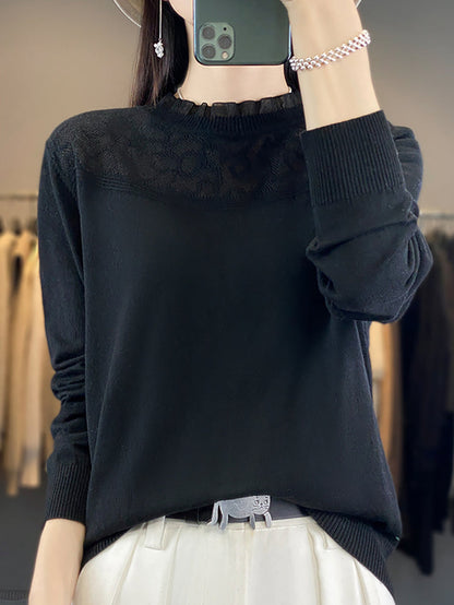 Autumn Lacework Neck 100%wool Loose Sweater Qm020