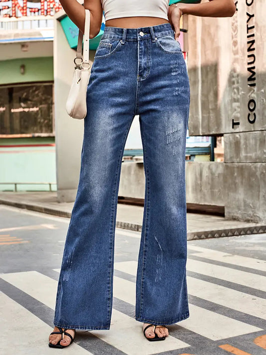 Versatile Mid-rise Flared Denim Pants