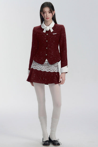Lace-trimmed Velvet Blouse and Skirt Set-up