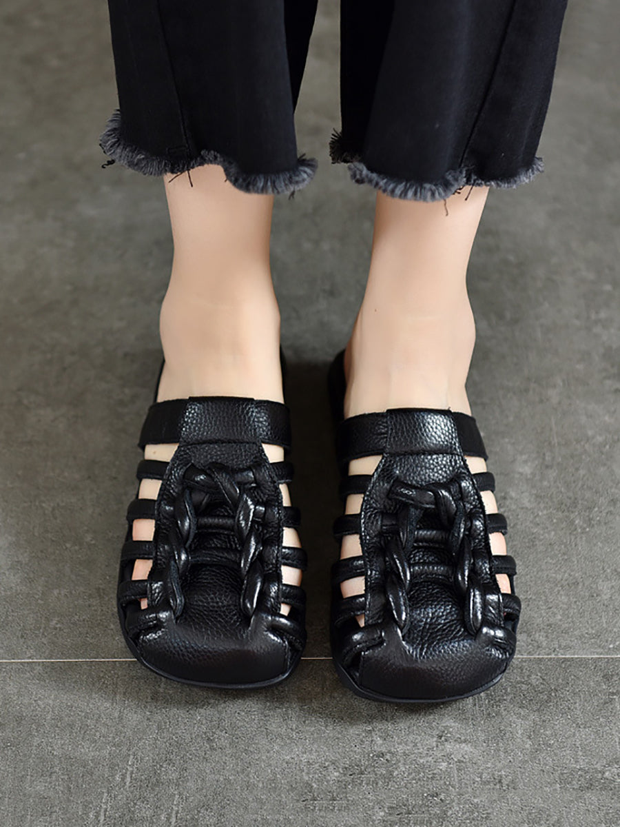 Summer Leather Spliced Flat Slippers Bn1002