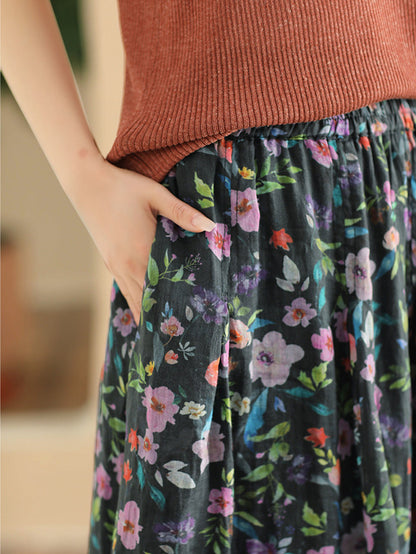 Artsy Summer Flower Ramie A-shape Skirt Co1025