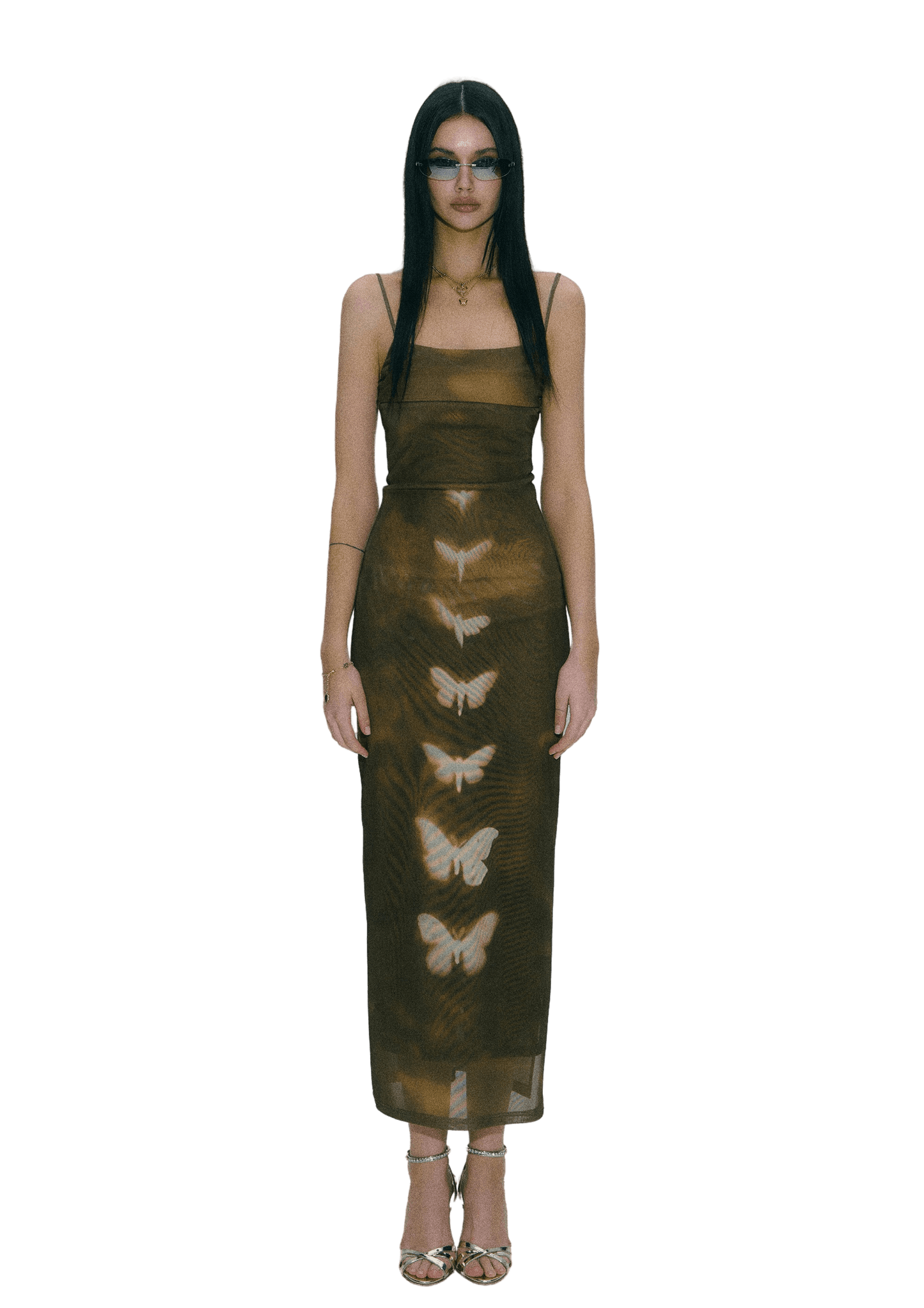 Double-layer Mesh Butterfly Printed Slip Dress