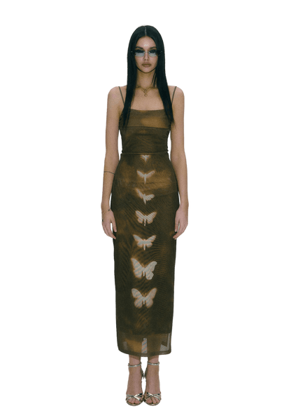 Double-layer Mesh Butterfly Printed Slip Dress