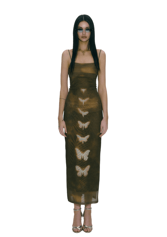 Double-layer Mesh Butterfly Printed Slip Dress