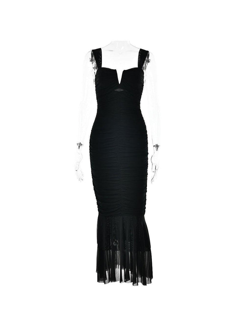 Hollow Out V Neck Mermaid Mesh Maxi Dress