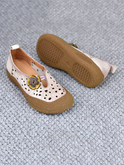 Summer Leather Cutout Flower Flat Shoes Sc1060