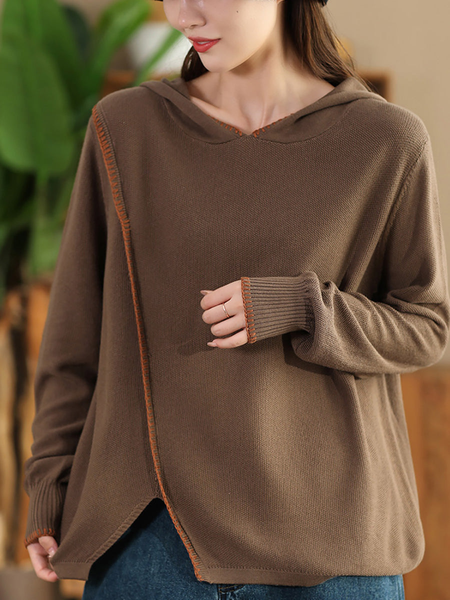 Autumn Split Hem Knit Hooded Blouse Ai1066