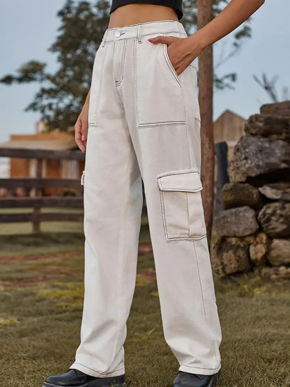Elastic Waist Relaxed Fit Denim Cargo Pants