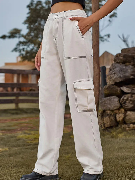 Elastic Waist Relaxed Fit Denim Cargo Pants