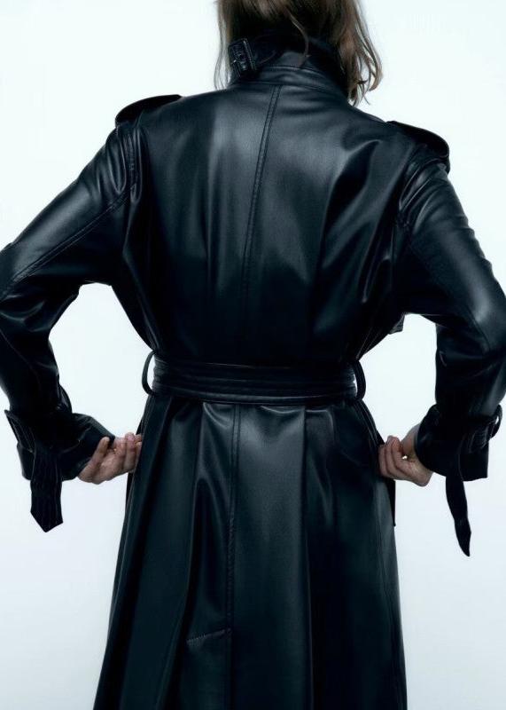 Black Belted Long Leather Wind Coat for