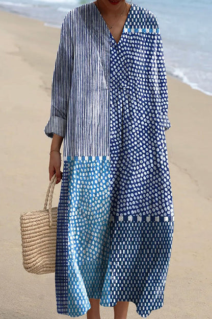 Blue Spot Print V-neck Long Sleeve Loose Midi Dress