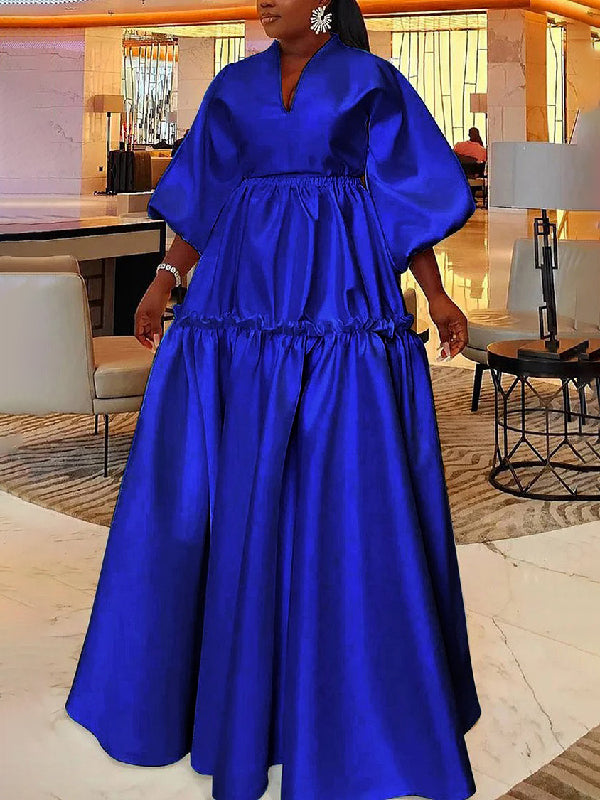 High Waisted Puff Sleeves Falbala Color V-neck Maxi Dresses