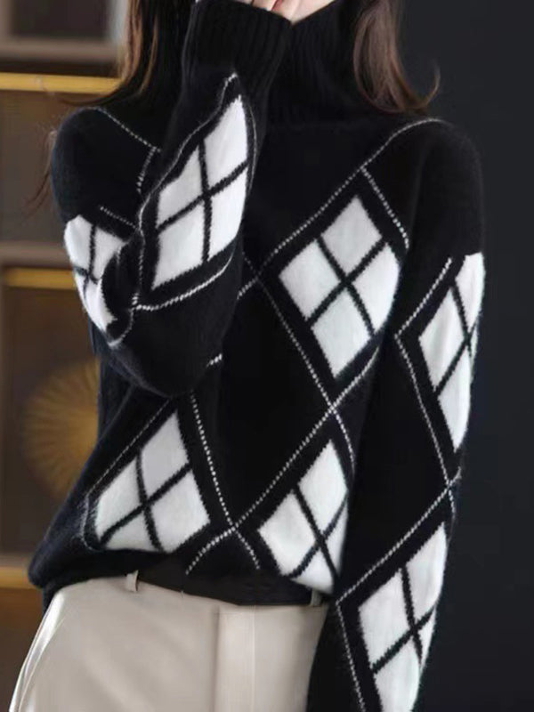 Red High-neck Contrast Color Plaid Long Sleeves Sweater Qx014