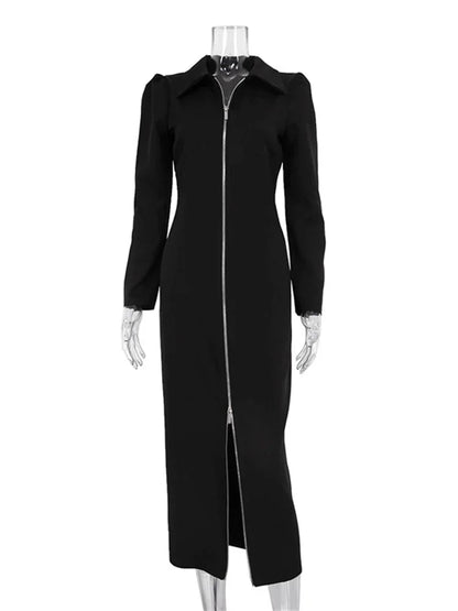 Black Zipper Lapel Maxi Dress for Cardigan Patchwork Slim High Waist Dress