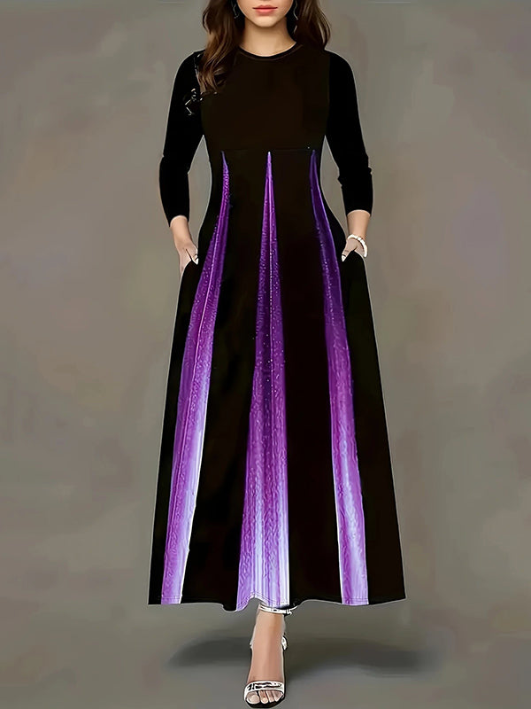 A-line High Waisted Gradient Pockets Printed Split-joint Round-neck Maxi Dresses