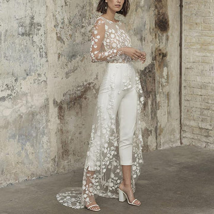 Autumn Clothing Sheer Long Sleeve Lace Jumpsuit Trench Coat Faux Two Piece