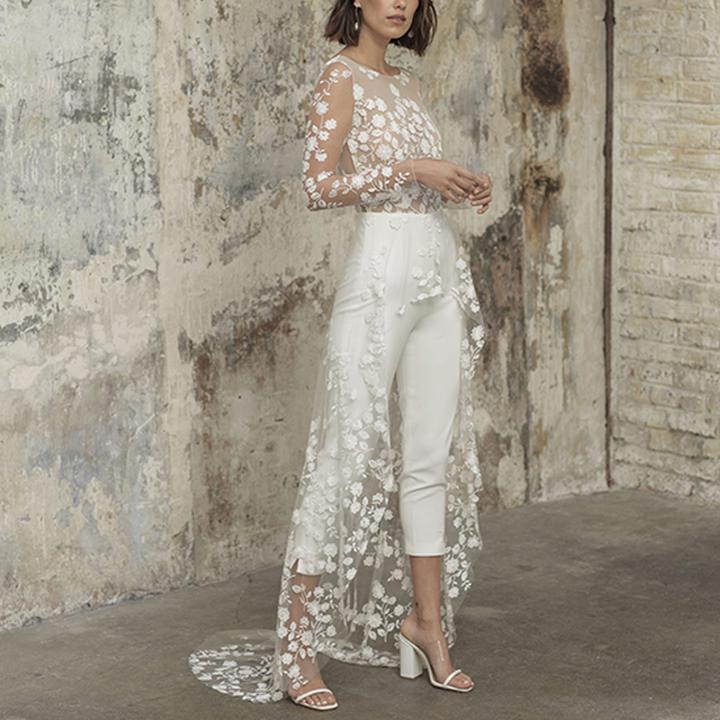 Autumn Clothing Sheer Long Sleeve Lace Jumpsuit Trench Coat Faux Two Piece