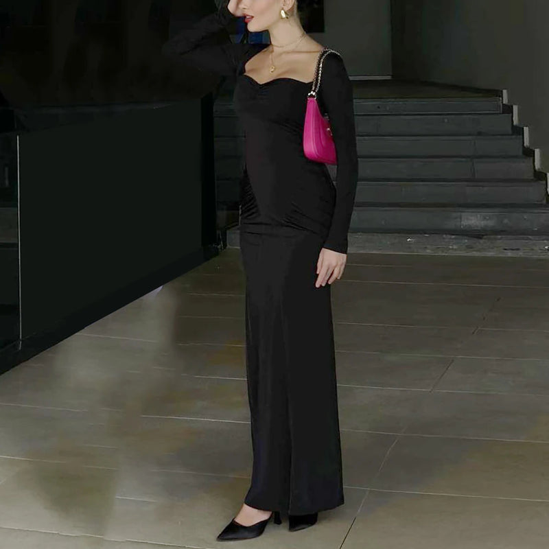 Long Sleeve Party Dresses High Waist Slim Fit ’s Evening Dress Color Pleated Long Dresses