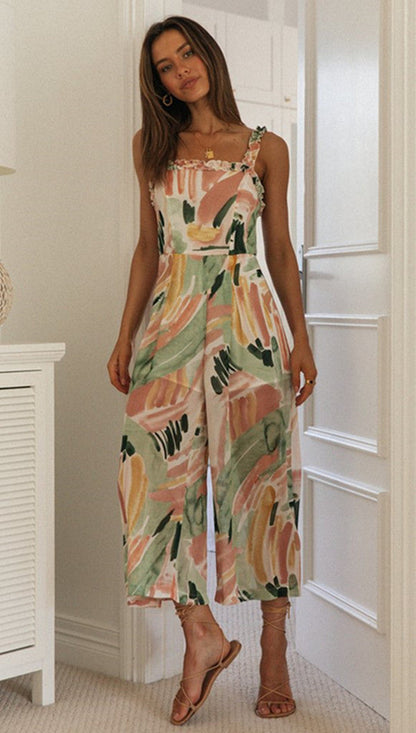 Printed Ruffles Stitching Jumpsuit
