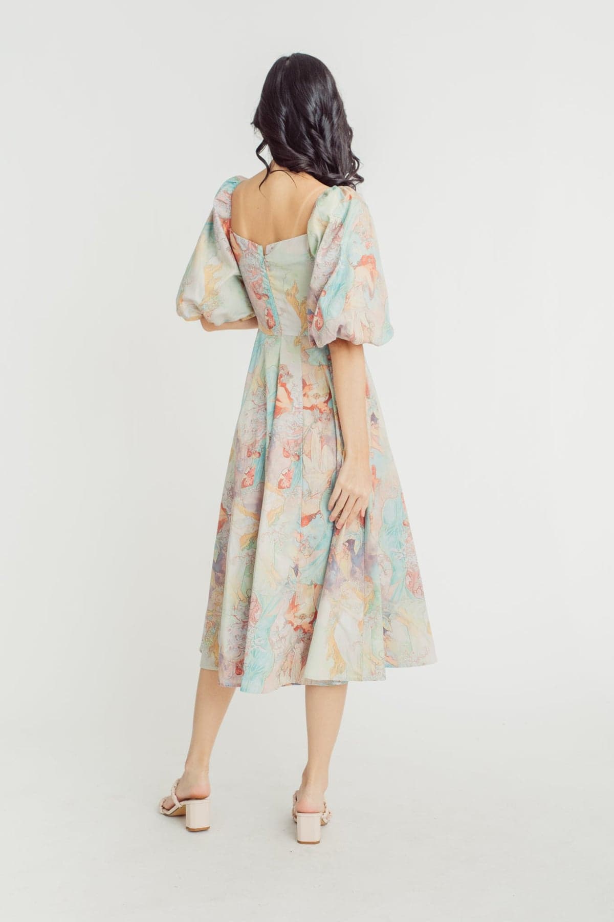 Joyce Printed Lantern Sleeves Midi Dress