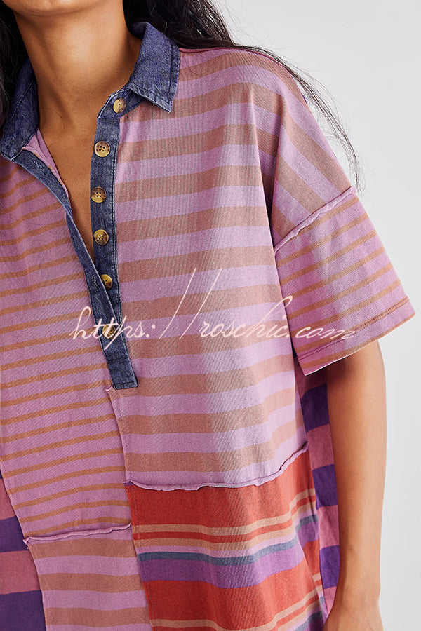 Contrast Striped Patchwork Denim Lapel Loose Mini Dress