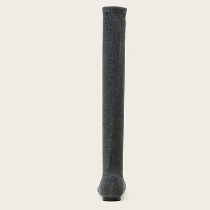 Size 34-40 ’s Black Thigh High Sock Boots – Slim Leg Stretch Fabric Pointed Toe Flat Heels Over the Knee Slip on Shoes