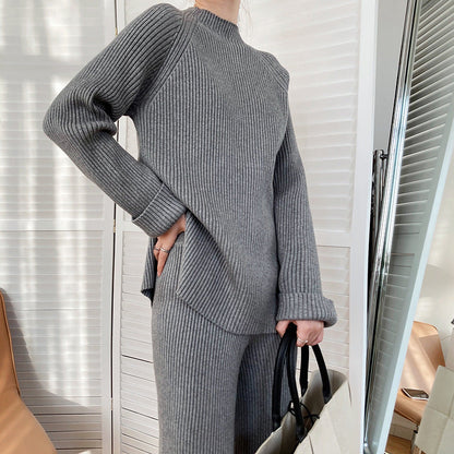 Autumn Winter Fashionable With Side Slit Sweater Suit Thickened Knitting Wide Leg Pants Two Piece Set Female