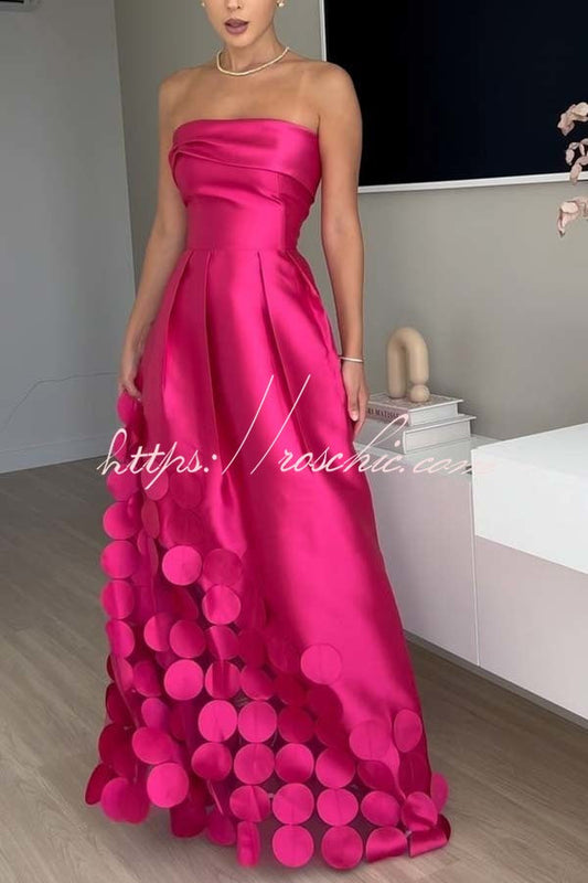 Luxurious Poise Satin Spliced Mesh Polka-dot Fabric Off Shoulder Formal Maxi Dress