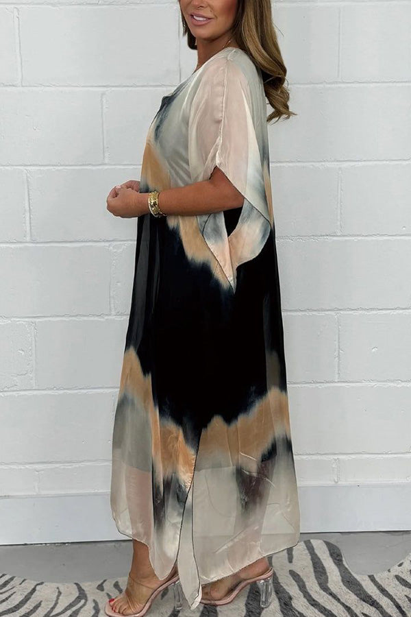 Tie-dye V-neck Short-sleeved Loose Maxi Dress