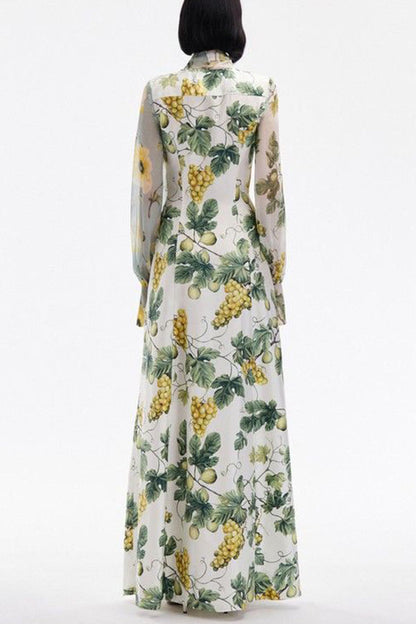 Print Tie Neck Balloon Sleeves Maxi Dress