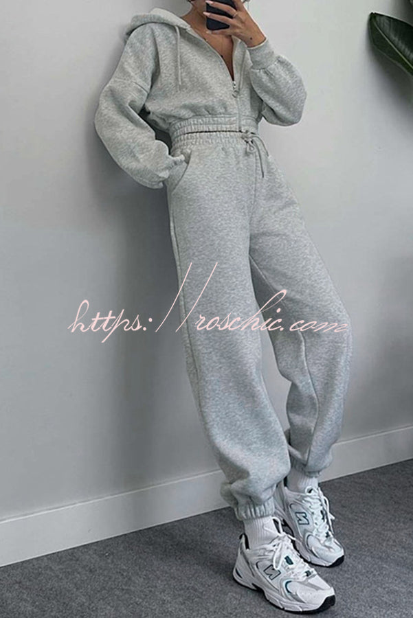 Hooded Zip Up Waist Sweatshirt and Elastic Waist Lace Up Pants Set
