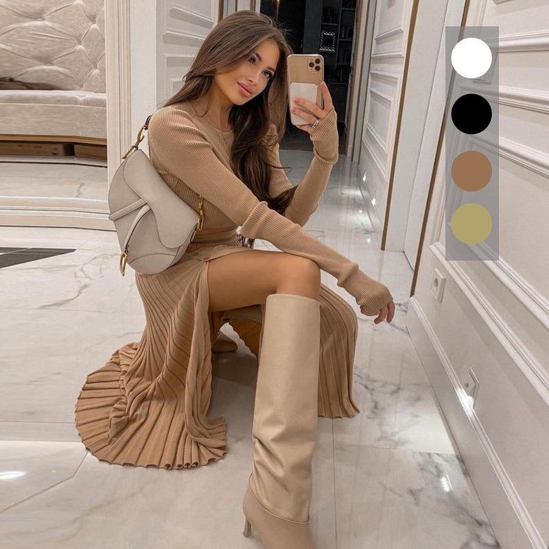 Winter Woolen Sweater Slit Sweater Pleated Skirt Set for