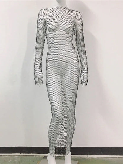 Rhinestone Mesh Mini Dress Summer Open Back Slit Long Dresses Beach Babes See Through Fishnet Skirt