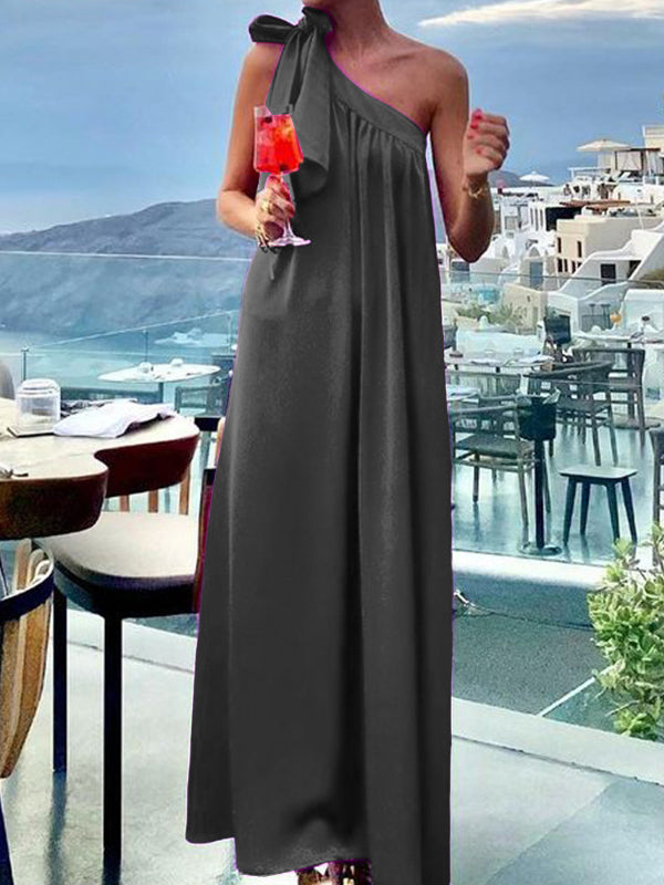 A-line Loose Asymmetric Pleated Color Tied One-shoulder Maxi Dresses