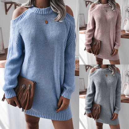 Autumn Winter Off-shoulder Long Sleeve Loose Sweater Dress Clothing