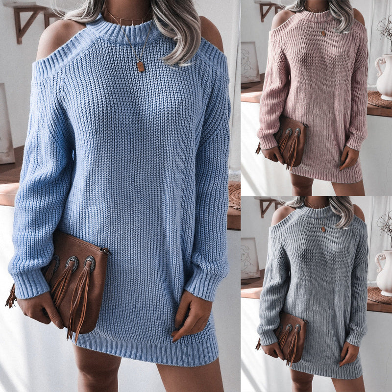 Autumn Winter Off-shoulder Long Sleeve Loose Sweater Dress Clothing