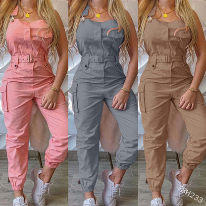 Workwear Belt Sleeveless Suspender Simple Ankle Banded Jumpsuit