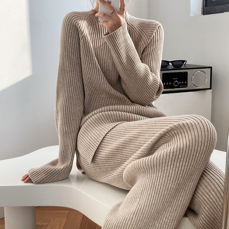 Autumn Winter Fashionable With Side Slit Sweater Suit Thickened Knitting Wide Leg Pants Two Piece Set Female