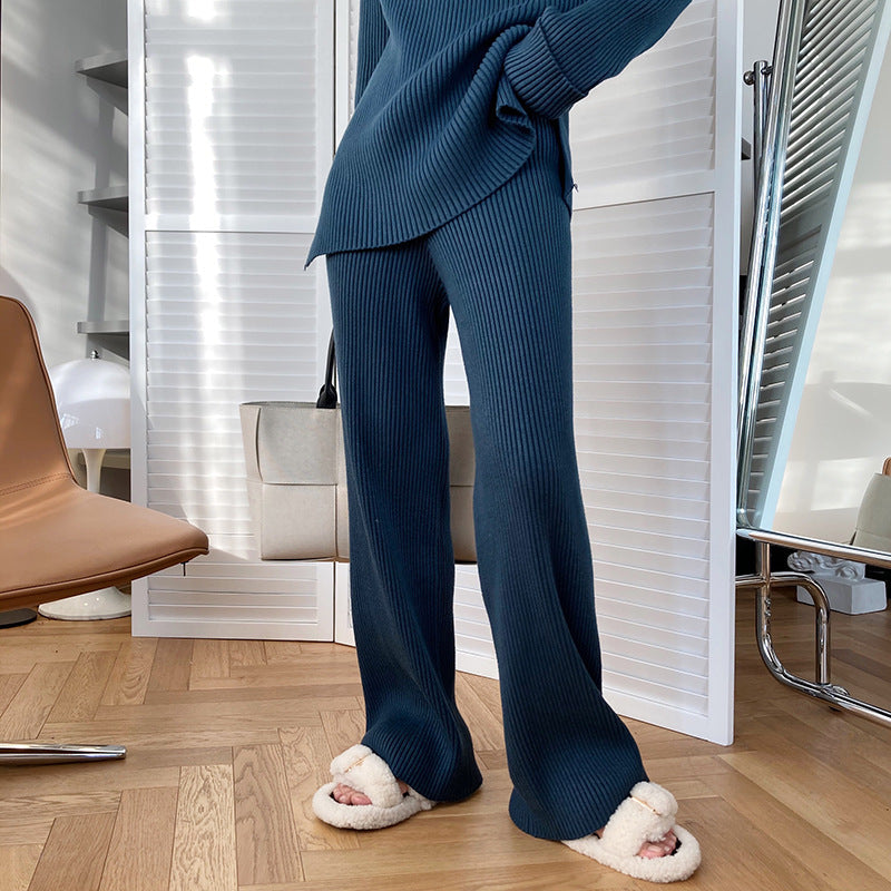 Autumn Winter Fashionable With Side Slit Sweater Suit Thickened Knitting Wide Leg Pants Two Piece Set Female